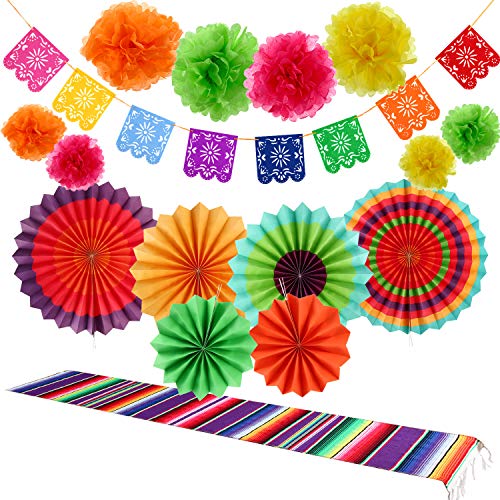 Zonon 16 Pieces Fiesta Party Decorations Hispanic Heritage Month Decorations, 1 Serape Table Runner, 6 Colorful Paper Fans Round Wheel Disc, 8 Pom Poms Flowers, 1 Felt Papel Picado Banner for Cinco De Mayo - Image 1
