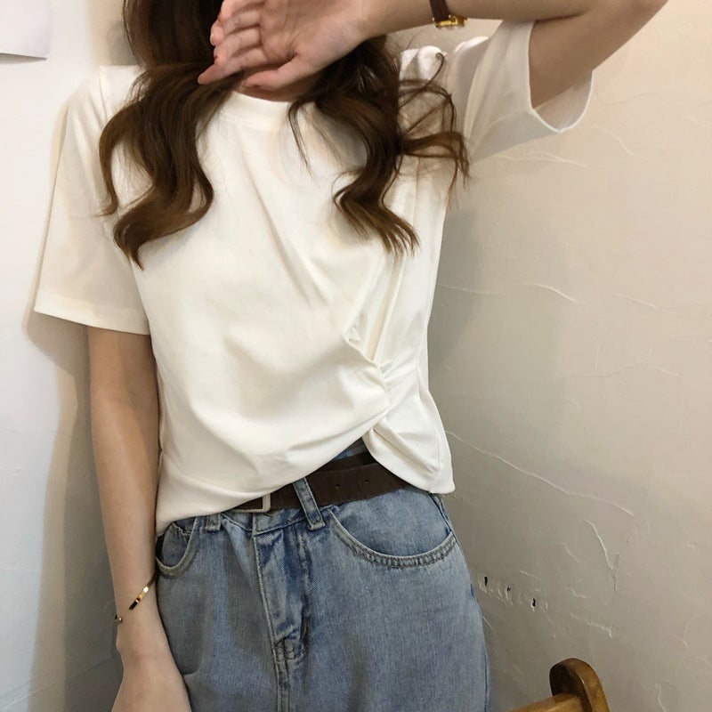 T-Shirt Women'S Short-Sleeved 2023 Arrival Korean-Style Loose All-Match Cec Knot-Tied T-Shirt White Top Ins Trendy - Image 2