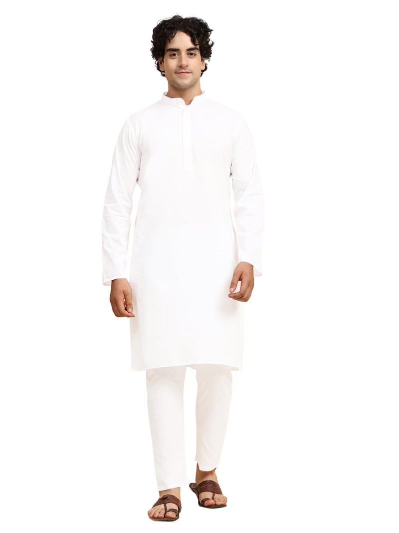 SKAVIJ Men's Cotton Casual Kurta Pajama Set Regular Fit Traditional Dress Yoga Outfit White, Xxl - Image 2