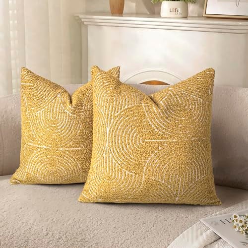 AELS Boho Decorative Textured Throw Pillow Covers 16x16 Organic Modern Mid Century Rainbow Tufted Pillow Case Farmhouse Rustic Geometric Woven Cushion Case for Bed Couch Sofa Mustard Yellow - Image 1