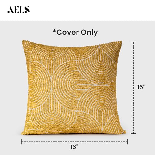 AELS Boho Decorative Textured Throw Pillow Covers 16x16 Organic Modern Mid Century Rainbow Tufted Pillow Case Farmhouse Rustic Geometric Woven Cushion Case for Bed Couch Sofa Mustard Yellow - Image 3