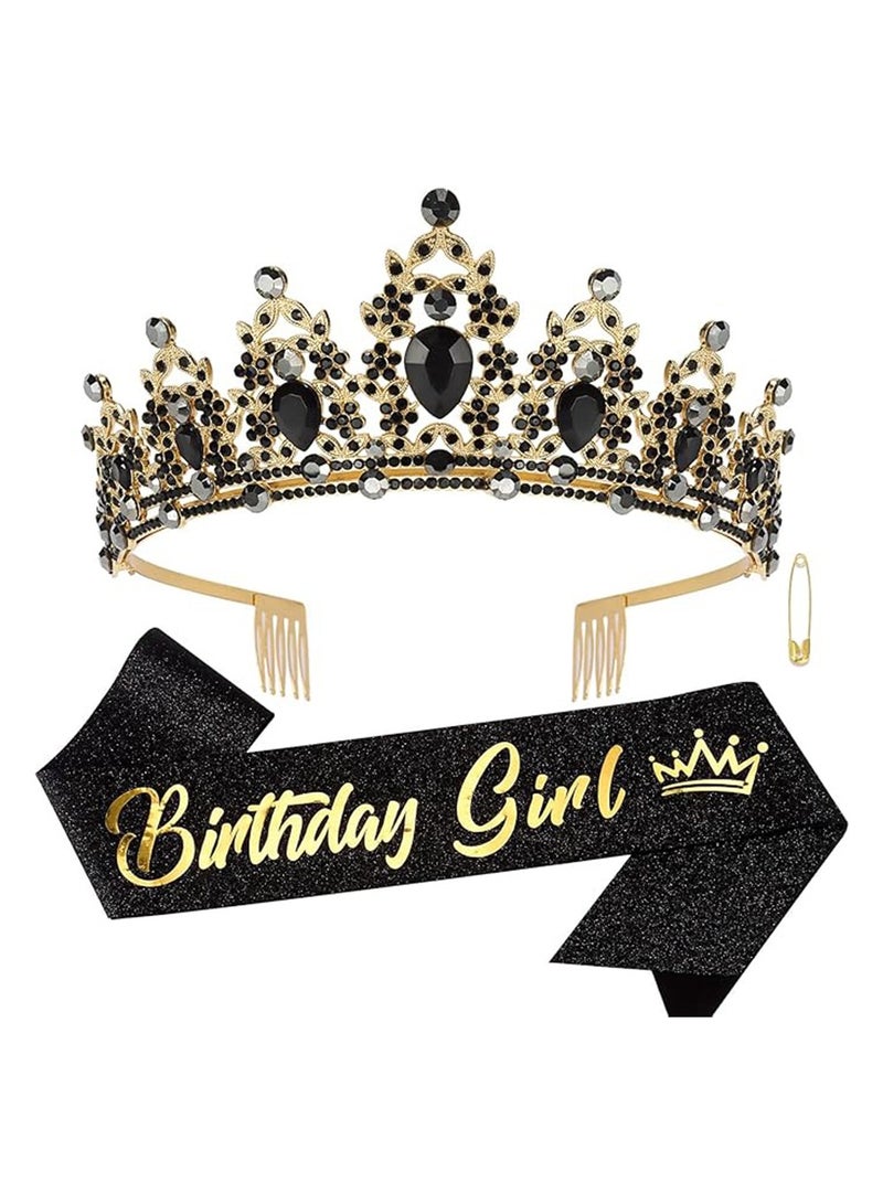 Birthday Girl Sash and Rhinestone Tiara Kit Birthday Gifts Diamond Glitter Birthday Party Favors ,Happy Birthday Decorations Princess Black Gold Party Decorations Party Supplies ﻿ - Image 1
