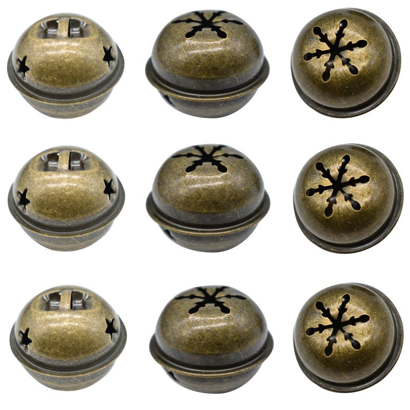 Maydahui 30 PCS Bronze Jingle Bells 134 Inches Star with Snowflakes Design Small Elliptical Antique Brass Bell for Crafts Christmas Decor