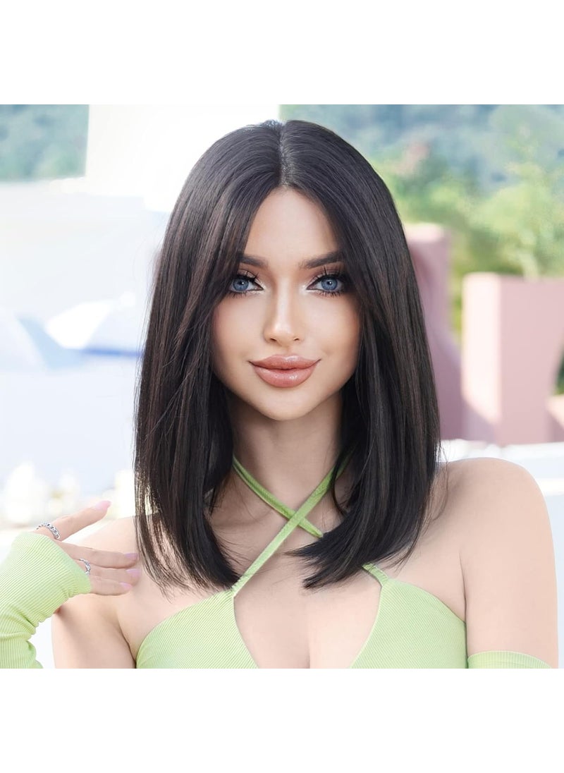7JHH WIGS 7JHH WIGS Short Straight Bob WIG Lace Front Synthetic Shoulder Length Middle Part mix Highlight Wig for Women Daliy Party Cosplay Used 15 Black 
