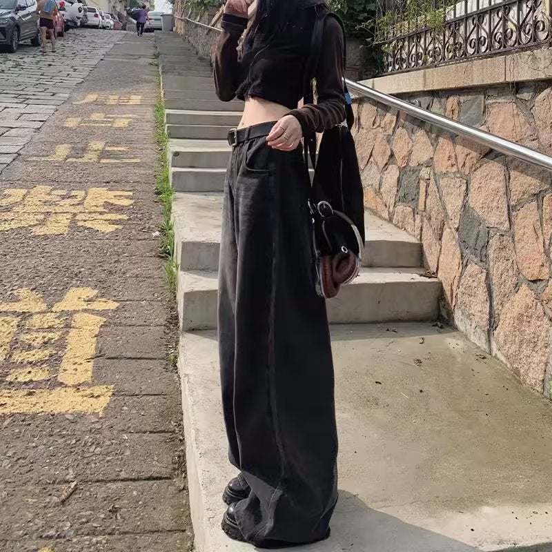 Black Wide-Leg Jeans Women'S American-Style Draping Loose 2023 New High Waist Slimming Casual Straight Mop Pants