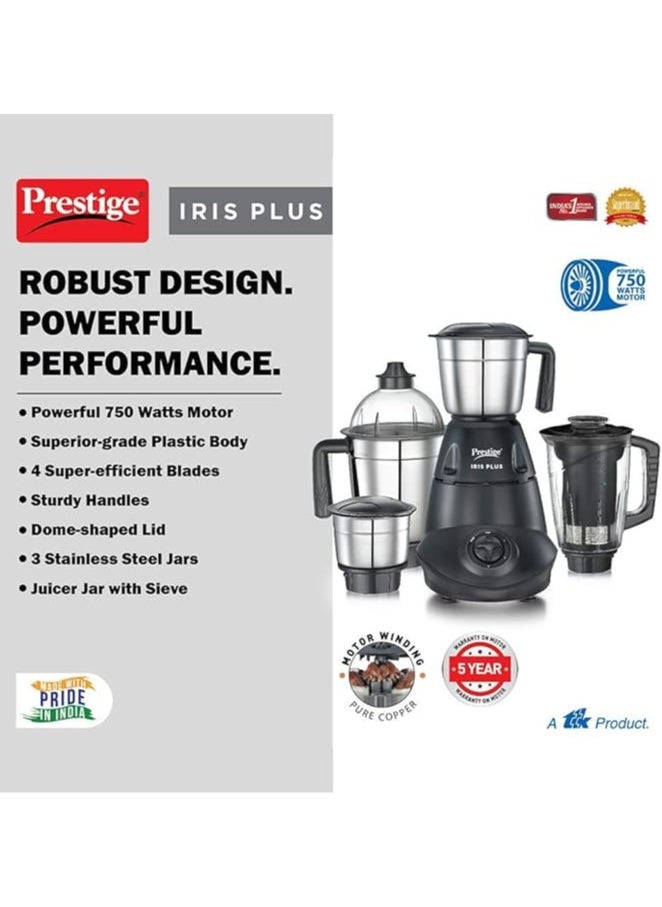 PRESTIGE - Prestige Iris Plus 750 W Mixer Grinder With 4 Jars (3 Stainless Steel Jars+ 1 Juicer Jar) 4 Super Efficient Stainless Blades 2 Years Warranty Black, 750 watts - Image 1
