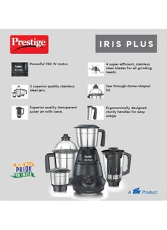 PRESTIGE Prestige Iris Plus 750 W Mixer Grinder With 4 Jars (3 Stainless Steel Jars+ 1 Juicer Jar) 4 Super Efficient Stainless Blades 2 Years Warranty Black, 750 watts  - Image 4