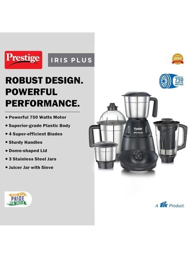 PRESTIGE - Prestige Iris Plus 750 W Mixer Grinder With 4 Jars (3 Stainless Steel Jars+ 1 Juicer Jar) 4 Super Efficient Stainless Blades 2 Years Warranty Black, 750 watts - Image 1