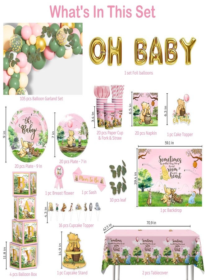 cocomigo 266PCS Pink Winnie Baby Shower Decorations Set, All-in-One Party Supplies Pack with 20 Plates, Classic Winnie Cupcake Stand, Cupcake Toppers Backdrop for Baby Shower Themes Girls - Image 2