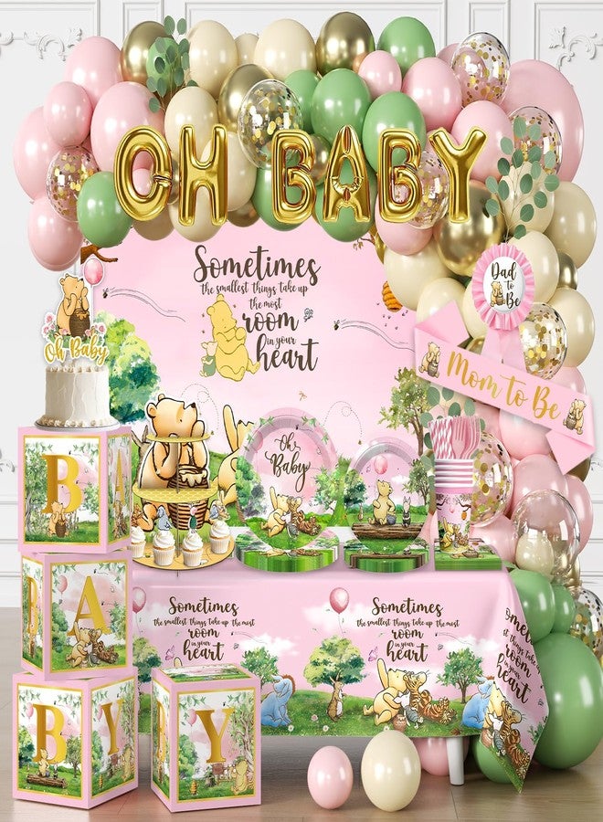 cocomigo 266PCS Pink Winnie Baby Shower Decorations Set, All-in-One Party Supplies Pack with 20 Plates, Classic Winnie Cupcake Stand, Cupcake Toppers Backdrop for Baby Shower Themes Girls - Image 1