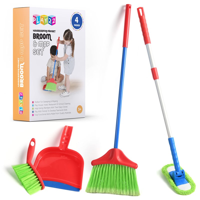 Play22 Kids Cleaning Set 4 Piece - Toy Cleaning Set Includes Broom, Mop, Brush, Dust Pan - Toy Kitchen Toddler Set is A Great Toy Gift for Boys & Girls - Image 1