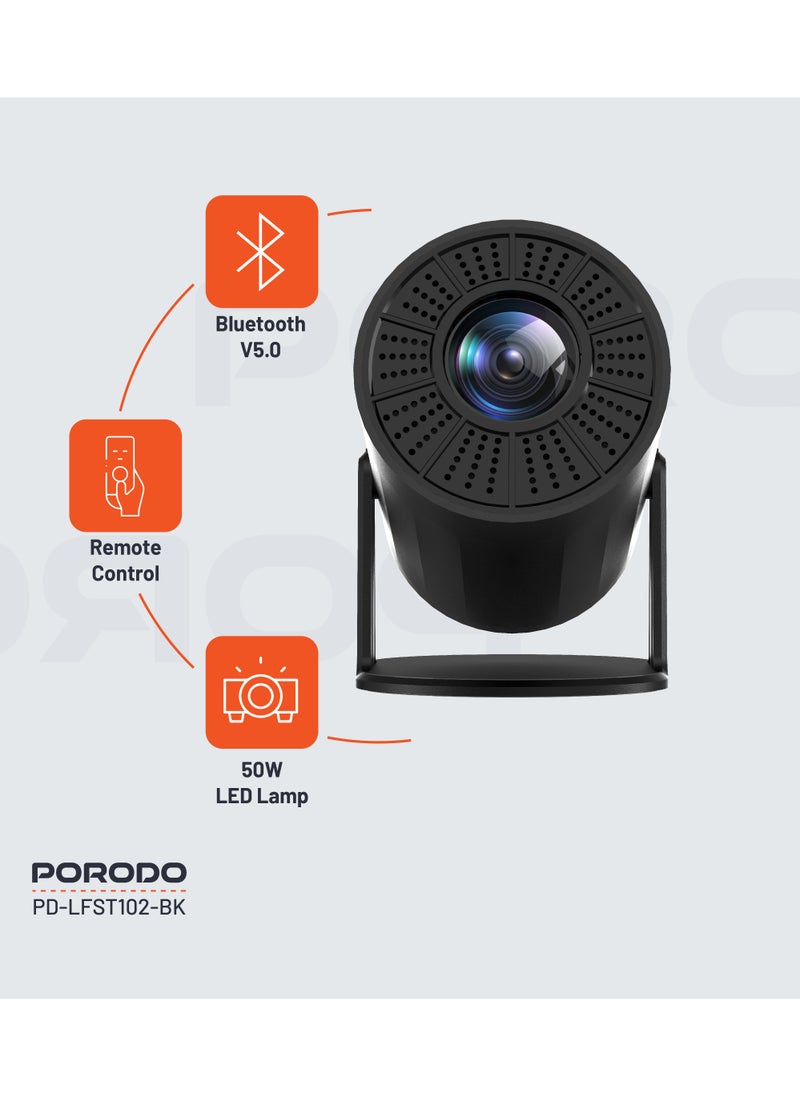 porodo Wireless Mirroring Multi-Angle Projector 4K / Android / 50W LED Lamp / Remote Control / Built-in Speaker / Mirroring Airplay/ Miracast / Auto Keystone / 40-130" Projector - Black  - Image 3