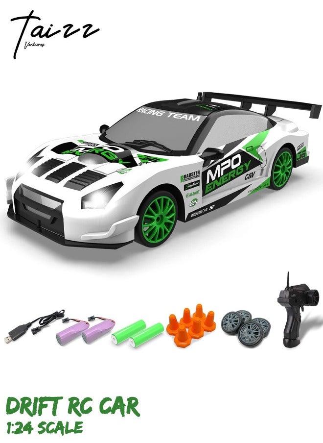 Taizz Ventures 1:24 Scale RC Drift Car, 10MPH 4WD Remote Control Car with LED Light, Racing and Drifting Wheels, 2 Rechargeable Batteries, Toy for Boys, Girls, Kids - Green  - Image 1