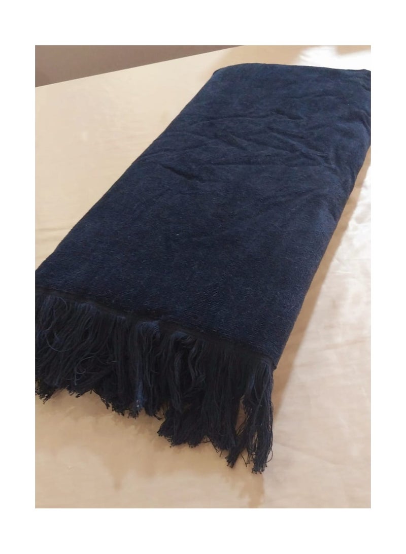 Large dark blue towel, 200*90, cotton face and velvet face, with tassels - Image 1