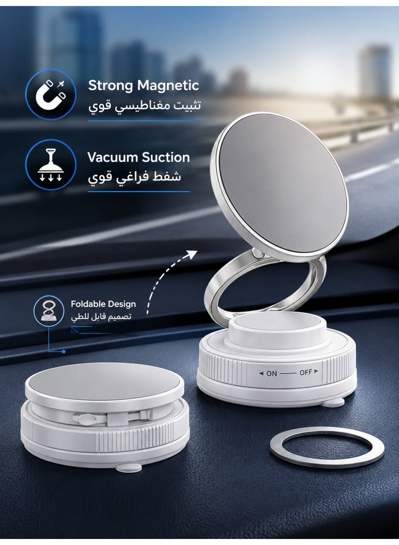 حامل جوال مغناطيسي للسيارة متوافق مع MagSafe بقاعدة شفط قوية، دوران 360 درجة وتصميم قابل للطي للتابلوه والزجاج الأمامي، متوافق مع آيفون وسامسونج مع حلقة مغناطيسية مرفقة، أبيض - Image 1