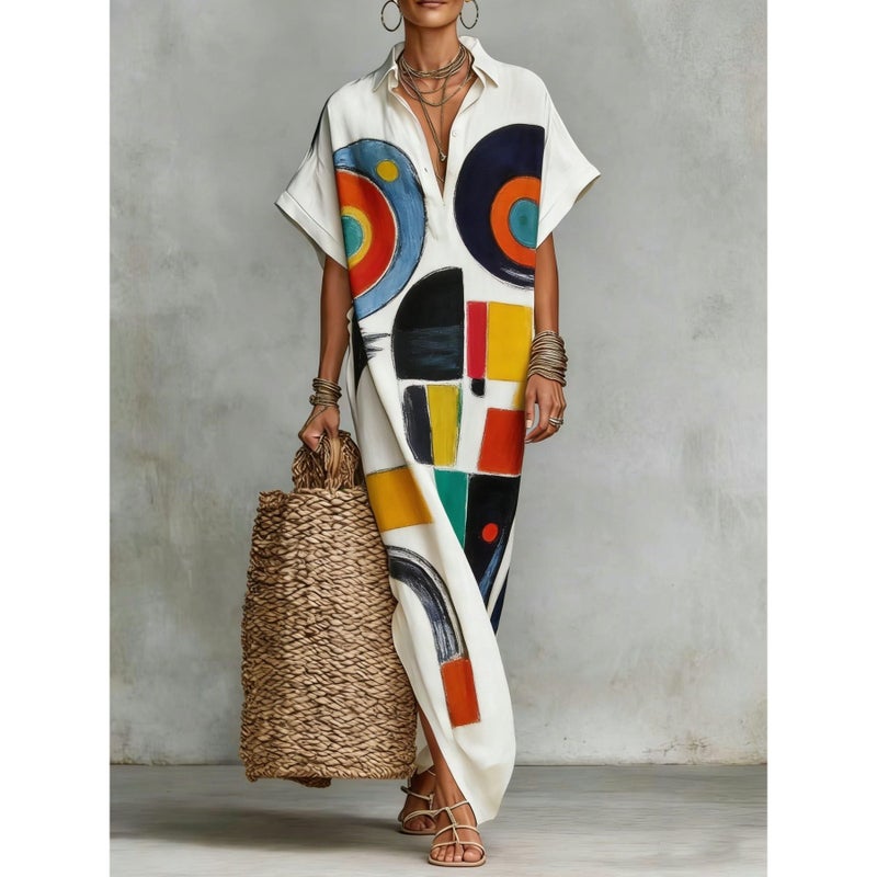New Style Printed V-Neck Loose Robe Elegant Women's Kaftan Dress
