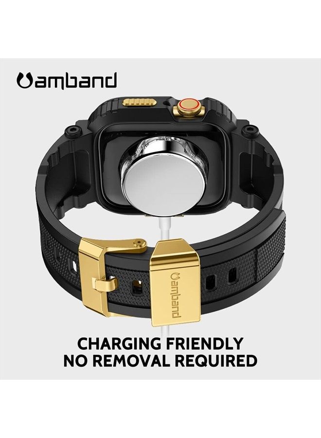 amBand أحزمة متوافقة مع ساعة آبل 8/7 41 مم، غلاف رياضي متين من سلسلة M1 مع حزام TPU غلاف واقي عسكري قوي لحماية iWatch 6/SE/5/4/3/2 40 مم 38 مم للرجال باللون الأسود والذهبي - Image 4