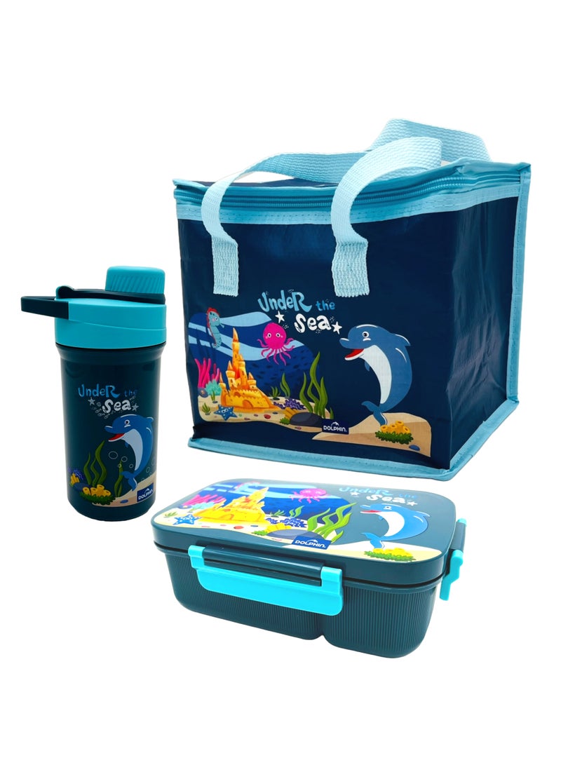 Dolphin Lunch Box Blue Colour Set with 3 Compartments, Special Lock, 1800ml Bento Box + 700ml Water Bottle + Thermal Bag – 100% Food Grade, High Quality 