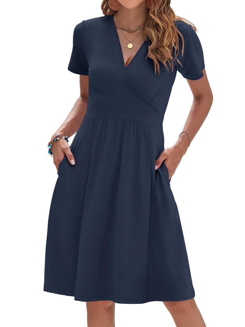 AUSELILY Navy Blue Dress for Women Knee Length Short Sleeve Wrap V Neck Cocktail Dress, Navy Blue L - Image 1