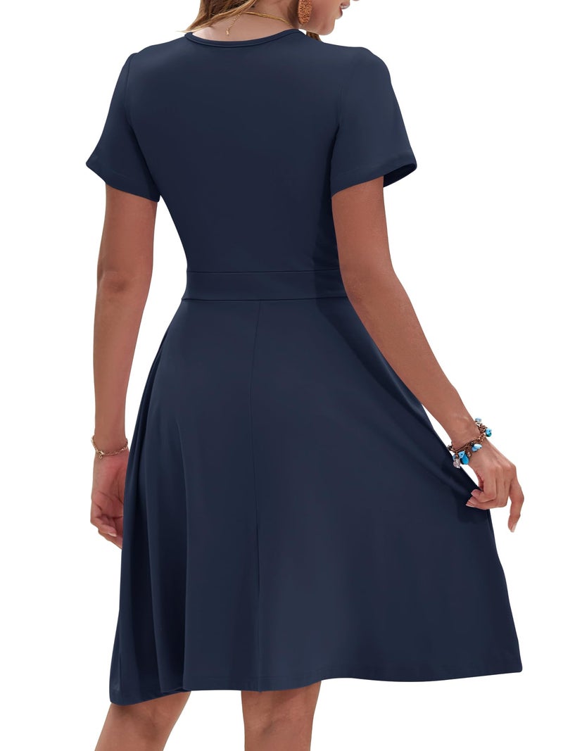AUSELILY Navy Blue Dress for Women Knee Length Short Sleeve Wrap V Neck Cocktail Dress, Navy Blue L - Image 4