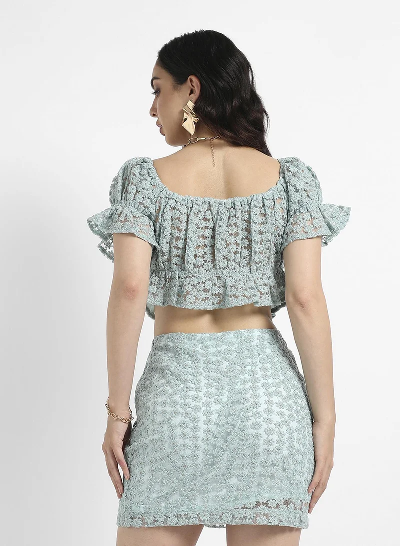 Pinacolada  Women's Sage Green Micro Flower Co-Ord Set For Casual Wear | Off-Shoulder | Short Sleeve | Pull On Closure | Co-Ords Designed With Comfort Fit For Woman & Girls for Women | Best Price UAE