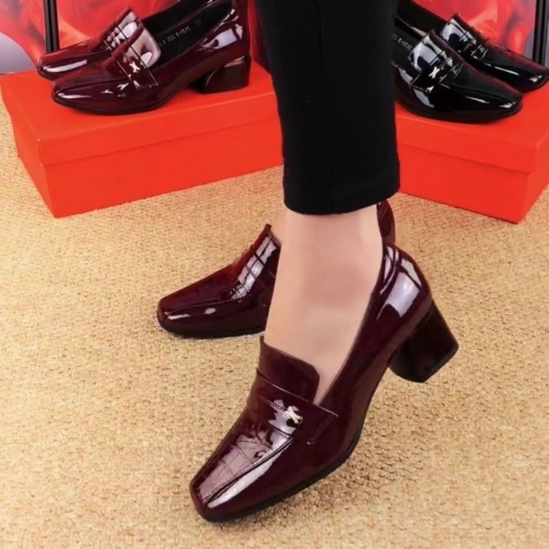 New Square-Toe Mid-Heel Womens Patent Leather Shoes Wine red