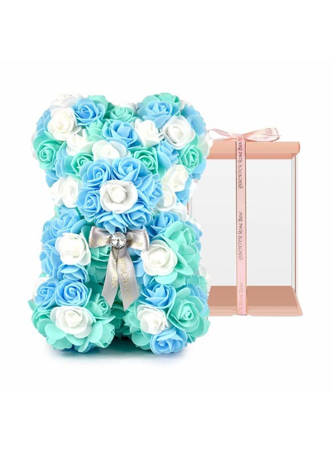 ASENVER Hand Made Artificial Flowers Rose Bear Pure Color for Valentine Birthday and Mother's Day with a 10" Pink Gift Box (Grey Bow-Tricolor Flower) - Image 1