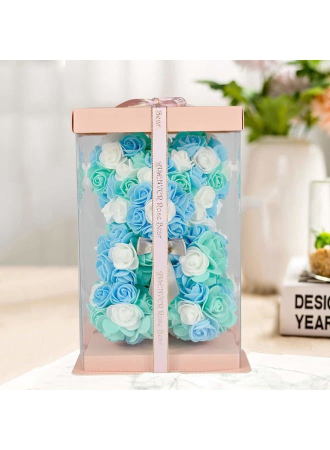ASENVER Hand Made Artificial Flowers Rose Bear Pure Color for Valentine Birthday and Mother's Day with a 10" Pink Gift Box (Grey Bow-Tricolor Flower) - Image 2