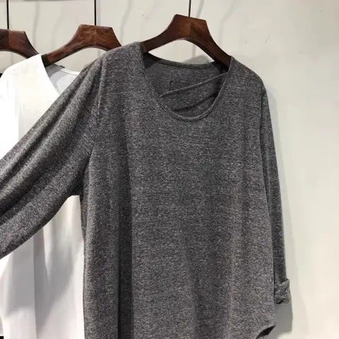 Fashion 2024 Spring and Autumn New Irregular Long Sleeve Solid Color T-shirt Womens Pure Cotton Loose plus size Design Sense Top Trendy Gray - Image 1