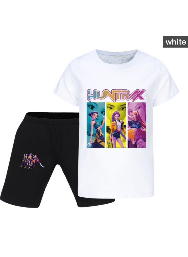 US Kpop Demon Slayer Round Neck Cartoon Print T-shirt Men Women Kids Top And Pants Set Multi-color Matching - Image 1
