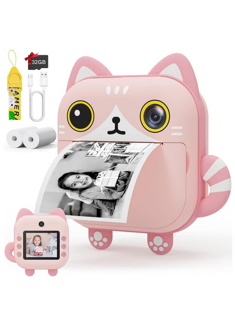 48MP Children's Camera, Instant Print Cat-shape Camera, 2.4-inch Screen Dual Lens 1080P HD Video Camera Comes with 32GB TF Card, as Gifts for Kids (Pink) - Image 1