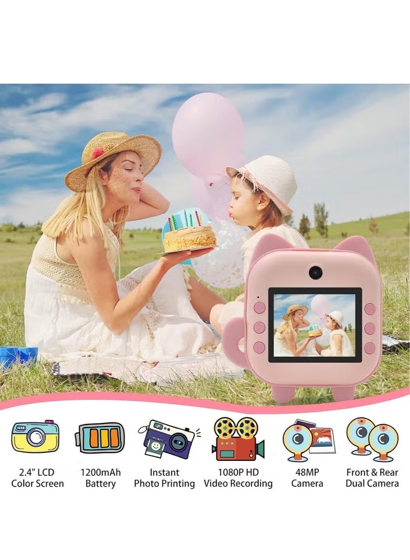 48MP Children's Camera, Instant Print Cat-shape Camera, 2.4-inch Screen Dual Lens 1080P HD Video Camera Comes with 32GB TF Card, as Gifts for Kids (Pink) - Image 2