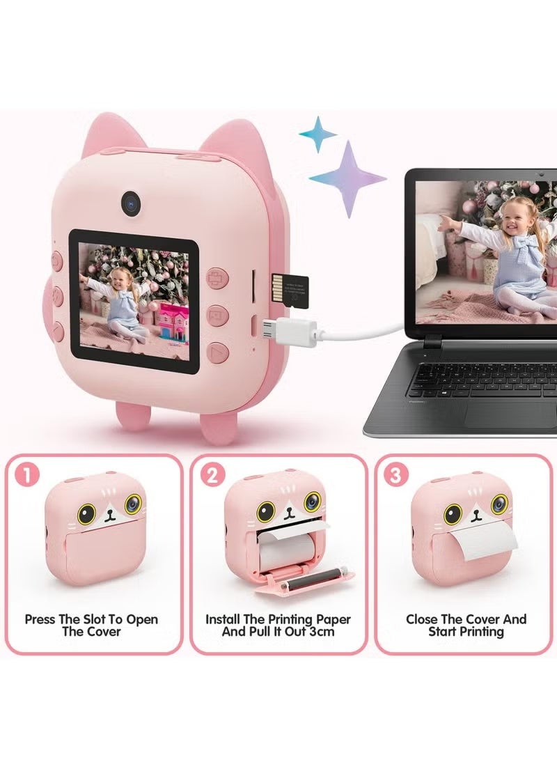 48MP Children's Camera, Instant Print Cat-shape Camera, 2.4-inch Screen Dual Lens 1080P HD Video Camera Comes with 32GB TF Card, as Gifts for Kids (Pink) - Image 3