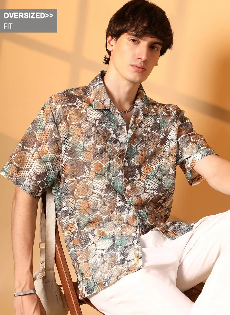 Campus Sutra Campus Sutra Men's Multicolour Pebble Knit Oversized Shirt For Casual Wear | Cuban Collar | Short Sleeve | Button Closure | Oversized Shirt Crafted With Comfort Fit For Everyday Wear