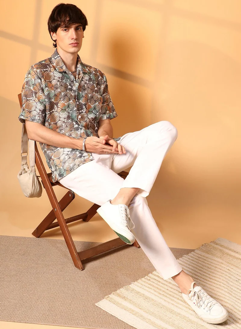 Campus Sutra Campus Sutra Men's Multicolour Pebble Knit Oversized Shirt For Casual Wear | Cuban Collar | Short Sleeve | Button Closure | Oversized Shirt Crafted With Comfort Fit For Everyday Wear