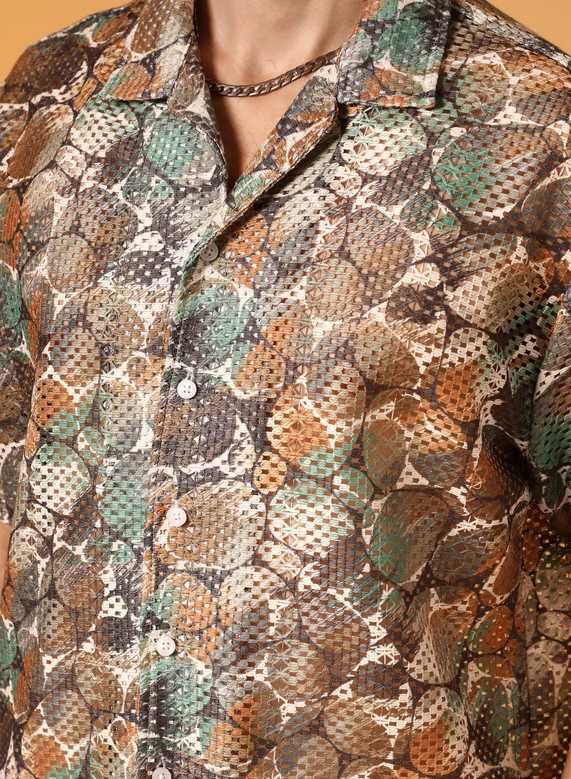 Campus Sutra Campus Sutra Men's Multicolour Pebble Knit Oversized Shirt For Casual Wear | Cuban Collar | Short Sleeve | Button Closure | Oversized Shirt Crafted With Comfort Fit For Everyday Wear