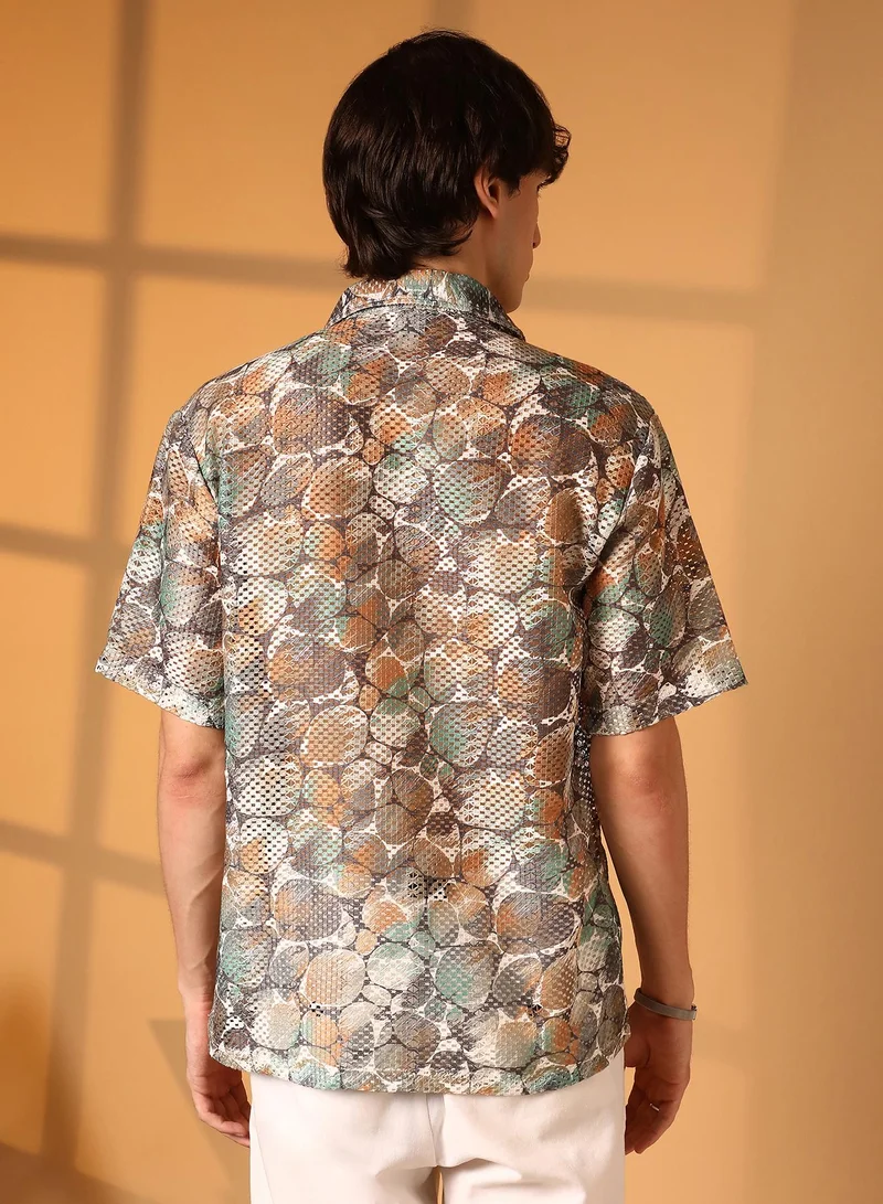 Campus Sutra Campus Sutra Men's Multicolour Pebble Knit Oversized Shirt For Casual Wear | Cuban Collar | Short Sleeve | Button Closure | Oversized Shirt Crafted With Comfort Fit For Everyday Wear