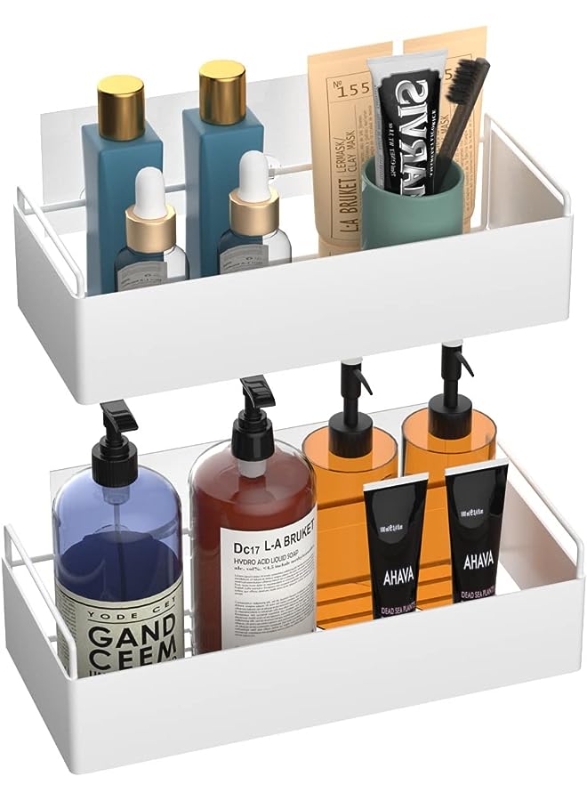 Adhesive Shower Organizer Wall Mounted Shower Caddy Basket Shower Shelf for Inside Shower Bathroom Kitchen Toilet Shampoo Holder with Removable Hooks No Drilling FESDOS - 2 Pack (White) - Image 1