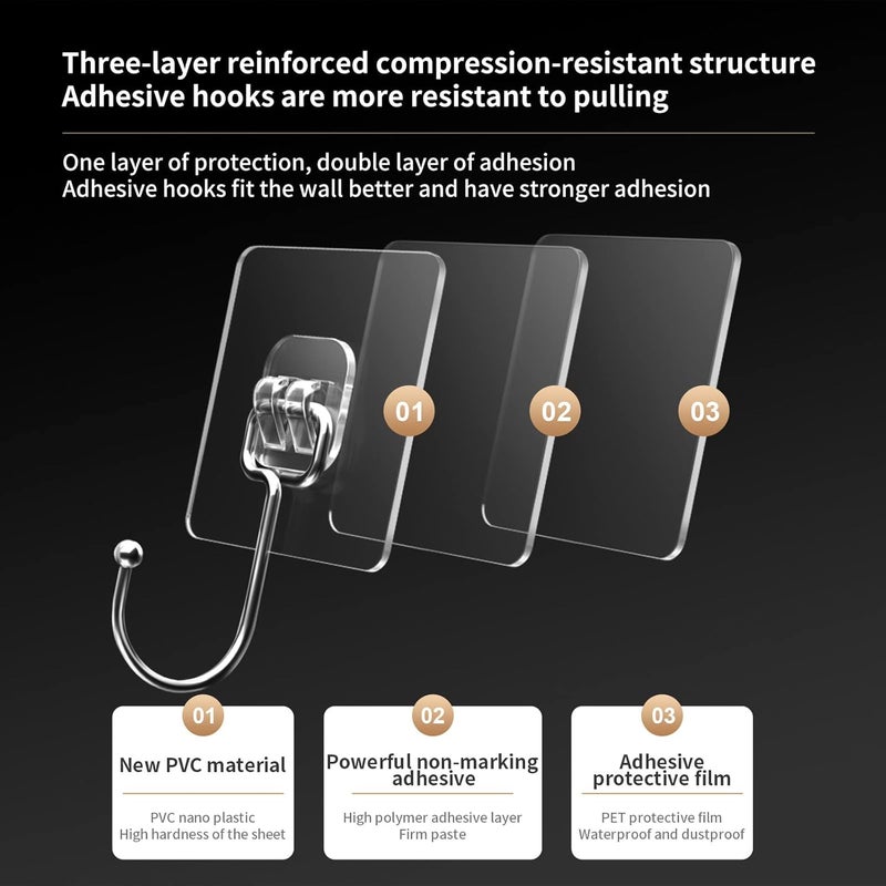 Large Adhesive Hooks for Hanging - Heavy Duty Wall Hooks , 22 lbs Capacity , Waterproof , Transparent , 8pcs - Image 4