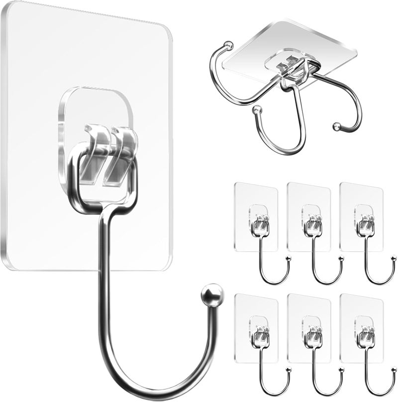 Large Adhesive Hooks for Hanging - Heavy Duty Wall Hooks , 22 lbs Capacity , Waterproof , Transparent , 8pcs - Image 1