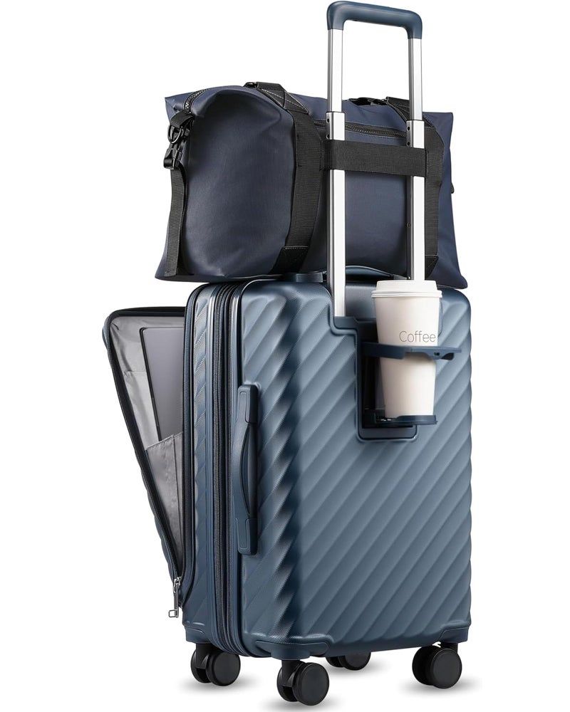 LUGGEX Carry On Luggage with Front Compartment and Cup Holder, KVF Expandable PC Hard Shell Suitcase with Front Pocket (FX-Plus, Midnight Blue, 2-Piece (20/Tote)) - Image 1