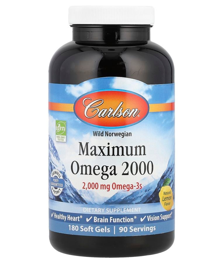 Carlson Wild Norwegian Maximum Omega 2000 Natural Lemon 180 Soft Gels (1000 mg per Soft Gel)