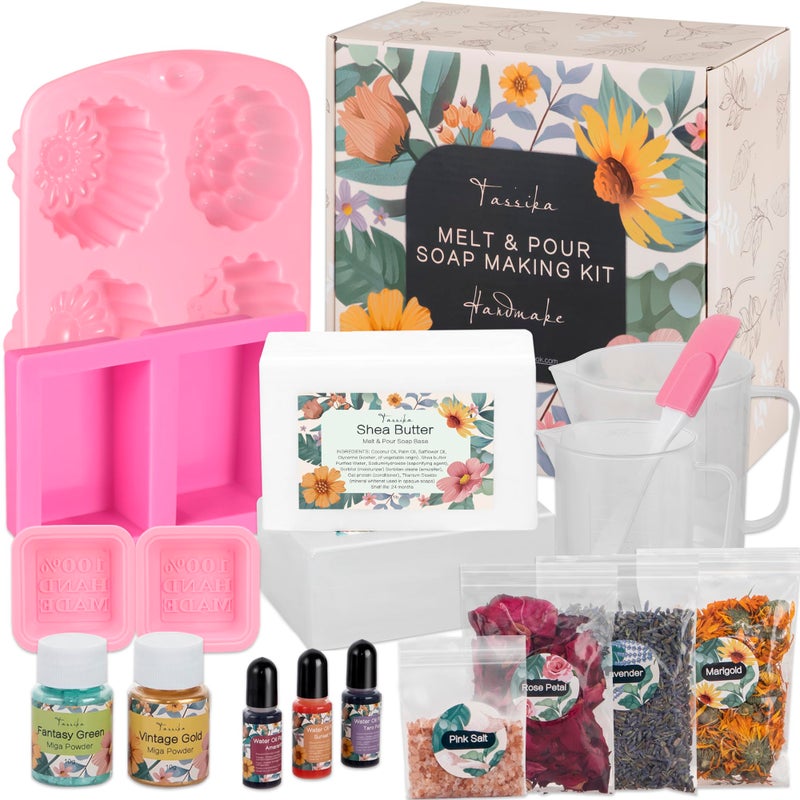 Tassika Handmade Soap Making Kit Supplies, DIY Melt & Pour Soap Making Kit for Adults: includes 2lbs Soap Base, Dried Flowers, Pigment, Silicon Mold, Measuring Cup, Personalized Handmade Soap Set Gift  - Image 1