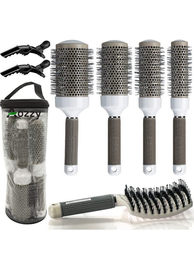 Aozzy Round Brush Set For Blow Drying With Boar Bristle Vented Curved Detangling Hair Brush Thermal Ceramic & Ionic Tech Reduce Frizz Hair Makes Hair More Smooth And Shiny For Curling & Straightening - Image 1