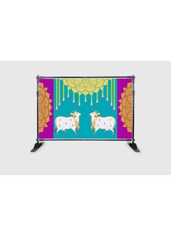 ASHVATH FASHION Ashvath Fashion Two Cow with Purple Blue Rangoli and Hanging Flower Design Backdrop Curtain for Decoration Backdrop Cloth for Pooja Decoration FabricPolyester Size5 Feet height and 8 Feet width58  - Image 2