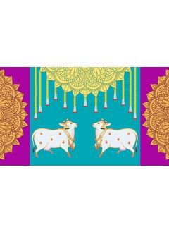 ASHVATH FASHION Ashvath Fashion Two Cow with Purple Blue Rangoli and Hanging Flower Design Backdrop Curtain for Decoration Backdrop Cloth for Pooja Decoration FabricPolyester Size5 Feet height and 8 Feet width58  - Image 1