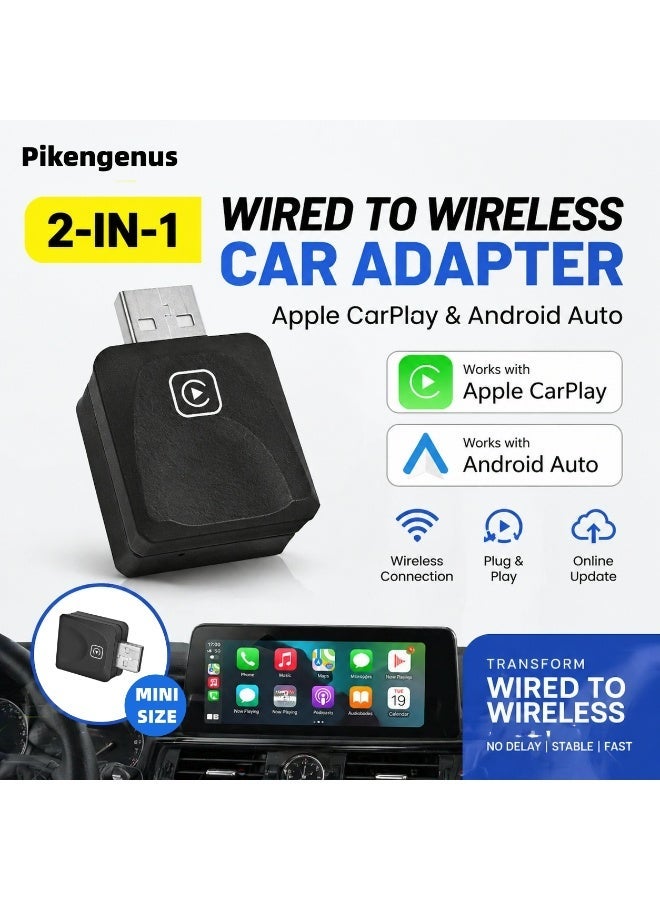 Pikengenus 2 in 1 Mini Wireless Carplay and Android Auto with Fast Stable 5Ghz WiFi Bluetooth Connection, Wired to Carplay for Apple, Compatible with iOS10+/Android 11+ - Image 1