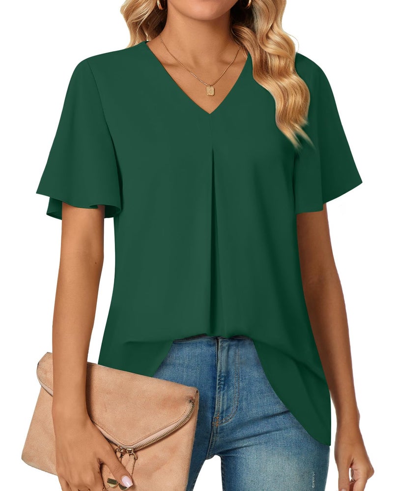 Anyally Women's Summer Dressy Chiffon Blouses Plus Size V Neck Ruffle Short Sleeve Tunic Tops for Leggings Casual T-Shirts, 2XL Dark Green - Image 1