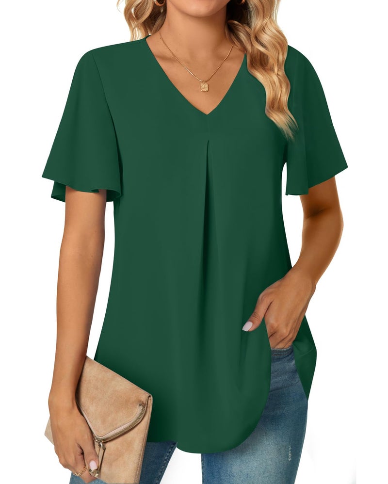 Anyally Women's Summer Dressy Chiffon Blouses Plus Size V Neck Ruffle Short Sleeve Tunic Tops for Leggings Casual T-Shirts, 2XL Dark Green - Image 2