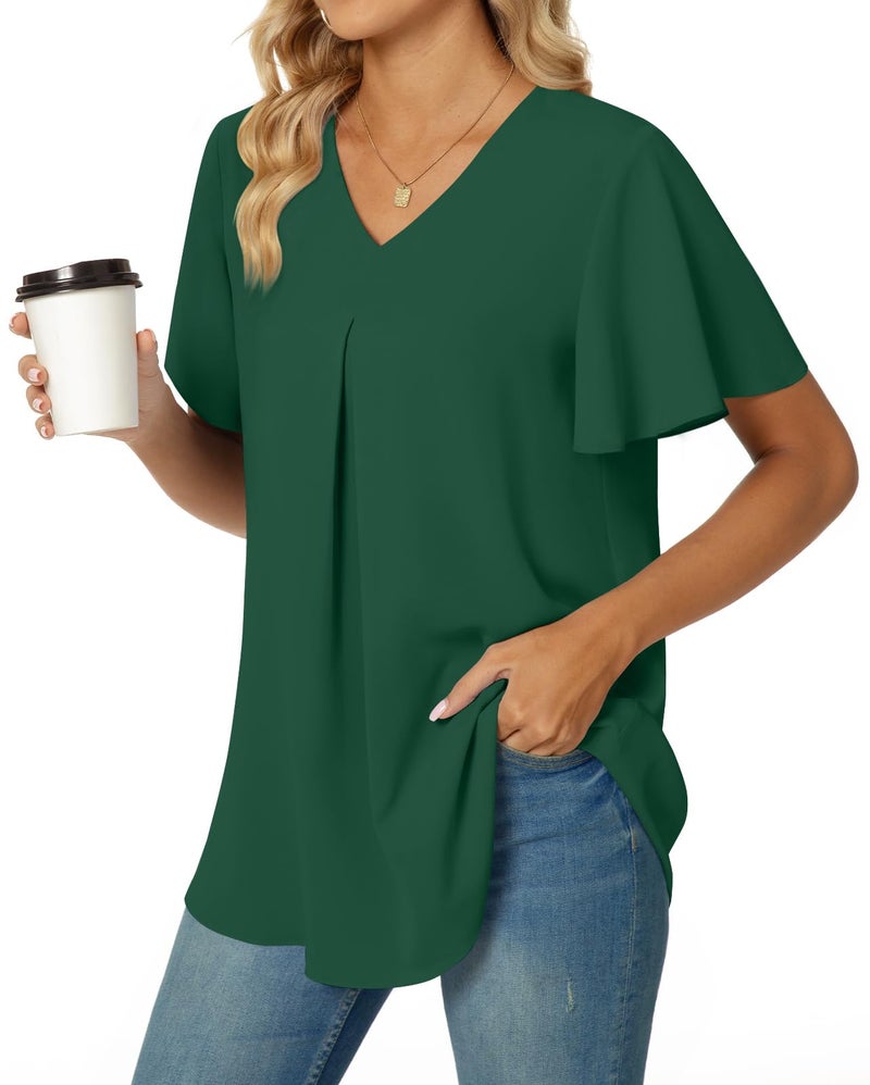 Anyally Women's Summer Dressy Chiffon Blouses Plus Size V Neck Ruffle Short Sleeve Tunic Tops for Leggings Casual T-Shirts, 2XL Dark Green - Image 3